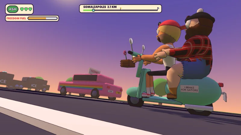 Ash and Chad on a scooter built for one bro, merging into a protest convoy.