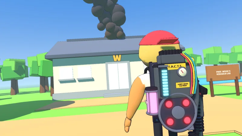 Ash with the F.A.C.T.S. in front of Prof. Woak's lab. Something is on fire.