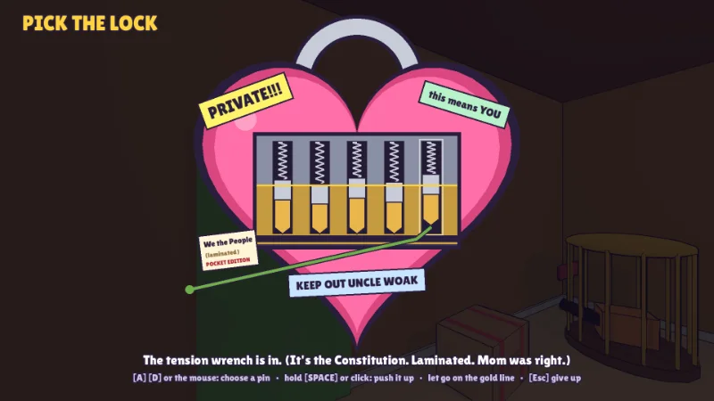 Lockpicking the heart-shaped padlock on the diary of a man who identifies as a pine.